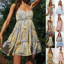 Floral Print Cami Mini Dress, Tiered Ruffle Hem, Casual Vacation Sundress - 橘黃綠 - 查看 2
