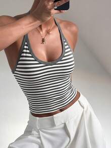 Camiseta de tirantes finos acanalada casual, sexy y versátil, primavera/verano, estética de chica limpia - Gris Oscuro - Ver 8