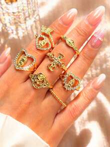 7pcs/Set Exquisite Vintage Elegant Versatile Unique Cross & Heart Design Rhinestone Gold Rings Set, Suitable For Women's Daily, Festival, Party Jewelry - Multicolor - View 8