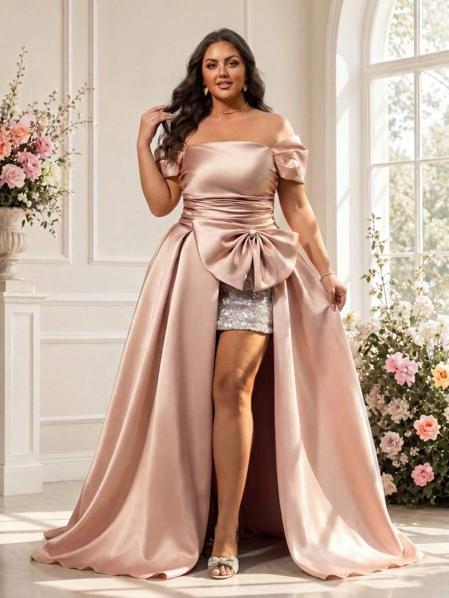 Plus Size Women's Elegant Short Formal Dress, Puff Sleeve Square Neck Flared Hem Party Pink Wedding - Pink - View 1
