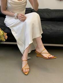 2026 Summer New French Elegant Pointed Toe Strap Platform Sandals, White Wedge Heels Open Toe Strappy High Heel Sandals, Fashionable Resort Style Graceful Versatile High Heels - Yellow - View 1