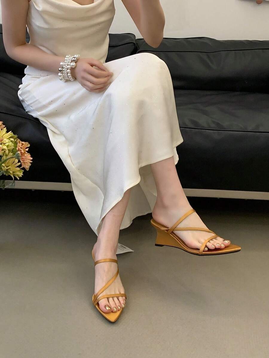 2026 Summer New French Elegant Pointed Toe Strap Platform Sandals, White Wedge Heels Open Toe Strappy High Heel Sandals, Fashionable Resort Style Graceful Versatile High Heels - Yellow - View 1