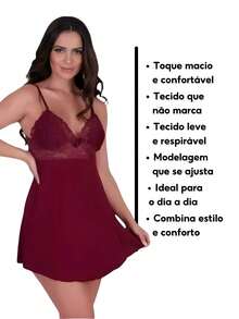 Camisola Feminina Curta Lingerie para Dormir Leve Confortável Modelagem Ajustada - Azul Marinho - Visão 2