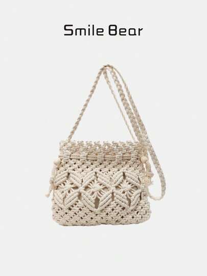Niche Design Woven Straw Bag, New Casual Shoulder Bucket Bag, Vacation Beach Crossbody Bag