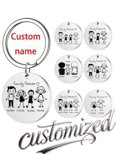 Personalized Stainless Steel Surname Minimalist Keychain - Customized Round Pendant With "Forever Family" Design, Option To Engrave Loved Ones' Names, Simple Style Family Gift, Happy Family Keychain