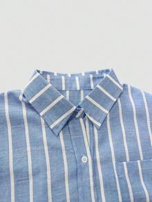 Casual Versatile Striped Collar Button Cuff Design Linen Shirt, New Arrival For Autumn - Blue - View 4