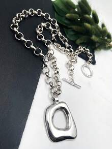 1pc Geometric Square OT Lock Pendant Necklace, Hiphop Style, Suitable For Daily, Business, Vacation, Party, Birthday, Holiday Gift - Silver - View 2