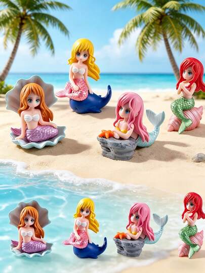 4pcs Mermaid Fairy Decorations, Mini Resin Figurines, Fairy, Resin Mermaid Aquarium Decor, Micro Landscape Decor, Small Statues, Fairy Garden, Flower Pot, Garden Decor, Desktop Decor, Home Decor, Suitable For Birthday Party, Ocean Theme Party, Party Supplies, Birthday Gift