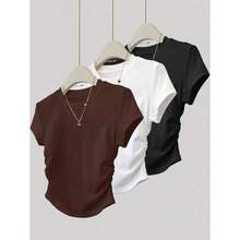 3pcs Women Summer Casual Solid Color Tops, Fashion Minimalist Style, Suitable For Sports, Outdoor, Back To School, Pink, Apricot, Brick Red, Women T-Shirts - 多色-14 - 查看 1