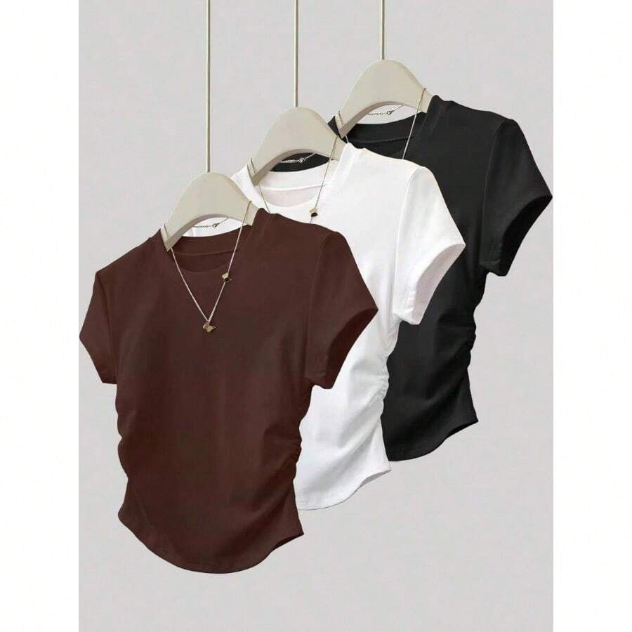 3pcs Women Summer Casual Solid Color Tops, Fashion Minimalist Style, Suitable For Sports, Outdoor, Back To School, Pink, Apricot, Brick Red, Women T-Shirts - 多色-14 - 查看 1