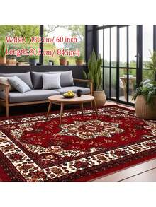 1pc Retro Boho Red & Golden Floral Design Area Rugs For Living Room, Floor Carpet For Bedroom, Carpets Home Decor Rugs, Homestay Hotel, Non-Slip Machine Washable Carpet, Home Decor Room Decor - Style 2 - View 2