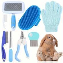 Bộ dụng cụ chăm sóc thú cưng, Bộ dụng cụ chăm sóc thỏ bao gồm kìm cắt móng và dũa móng, lược chải bọ chét, bàn chải tắm cho thú cưng, bàn chải loại bỏ lông rụng, găng tay massage khi tắm, bàn chải vệ sinh nhỏ. - Màu xanh lam - Xem 7
