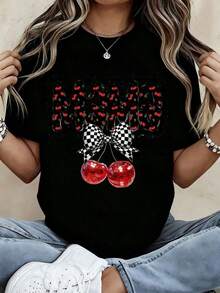 Women's Black Cherry Print T-Shirt, Cute Summer T-Shirt With Plaid Bow And Red Cherry Design, Casual Short Sleeve Crew Neck T-Shirt, Graphic T-Shirt For Everyday Wear - Unisex Loose Fit Cotton Short Sleeve Crew Neck Urban Vintage Style T-Shirt. - 黑色 - 查看 7