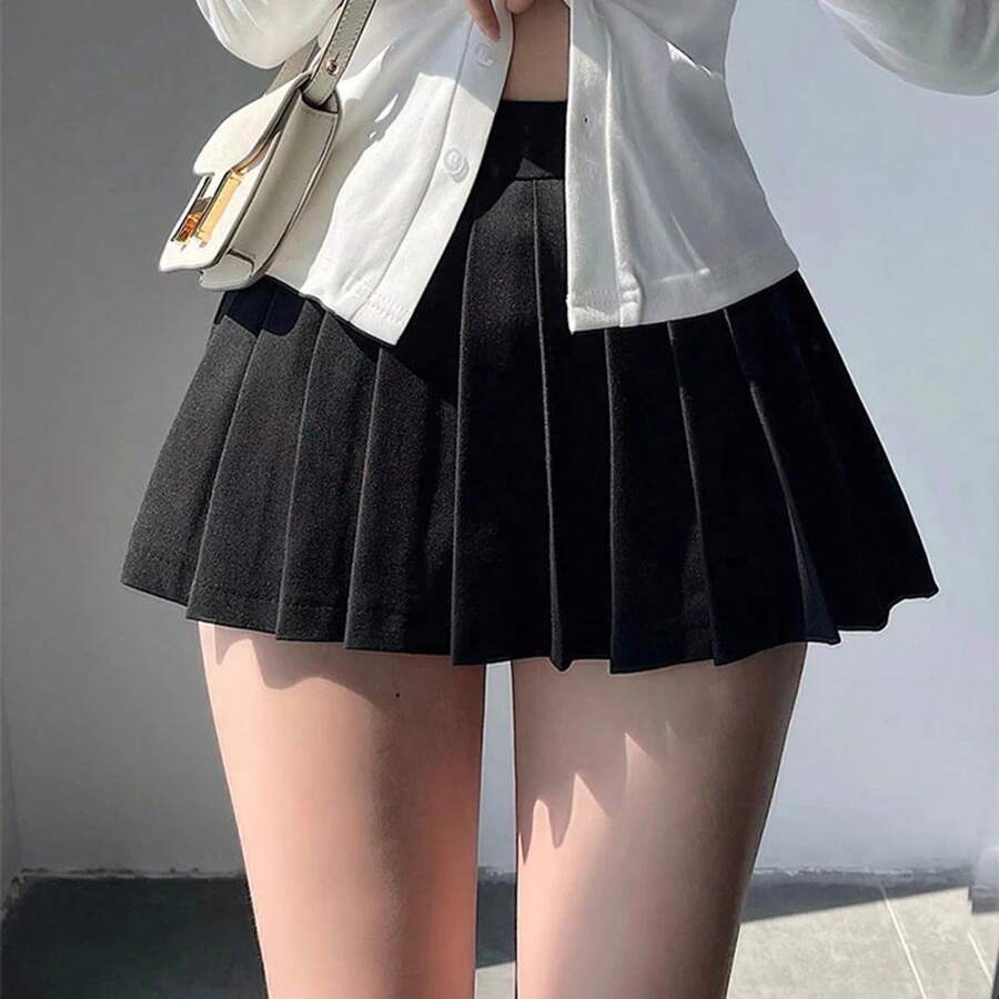 Falda plisada con pantalones cortos para mujer, minifalda Sexy de cintura alta Irregular, blanca y negra, corte en A, Gyaru, tenis, extrema, escolar - Negro - Ver 1