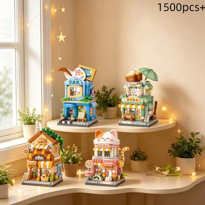 4pcs Micro Particle Cute Fun Street Scene, Multiple Adorable Shapes, Lovely Assembling, ABS Resin Material, 3D Mini Building Block Assembly Decor, Stress Relief & Intellectual Toy, Suitable For Desktop, Entryway Decor, Birthday, Classroom Rewards, And Holiday Gifts