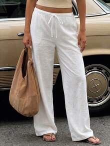 Unadoll Women's Summer Casual White Linen Wide-Leg Pants, Drawstring Elastic Waist Loose Trousers Suitable For Vacation And Daily Wear Spring - White - View 6