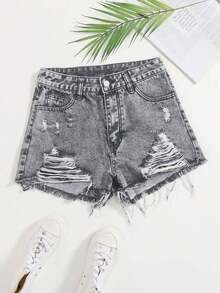 Women's Casual Floral Print Distressed Frayed Hem Denim Shorts, Summer - Gris Claro - Ver 1