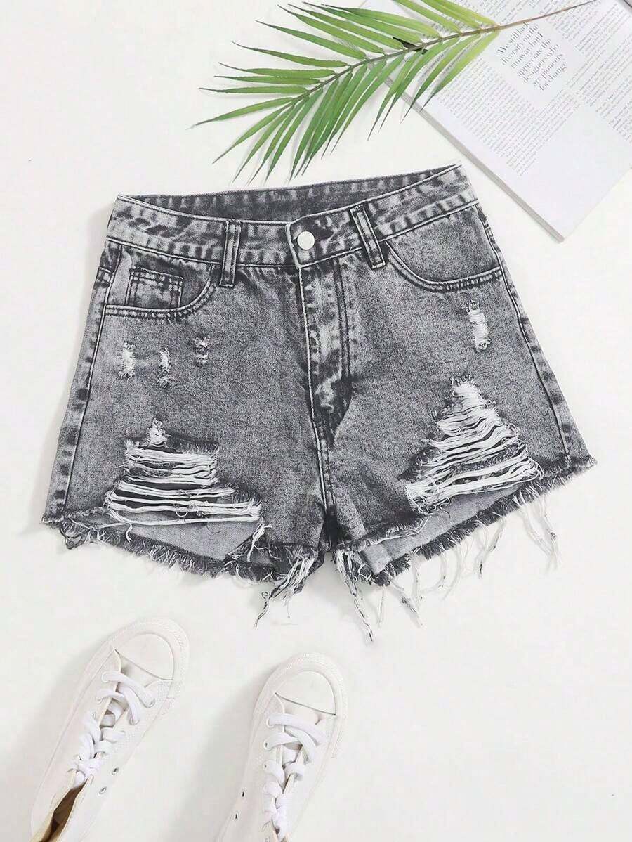 Women's Casual Floral Print Distressed Frayed Hem Denim Shorts, Summer - Gris Claro - Ver 1