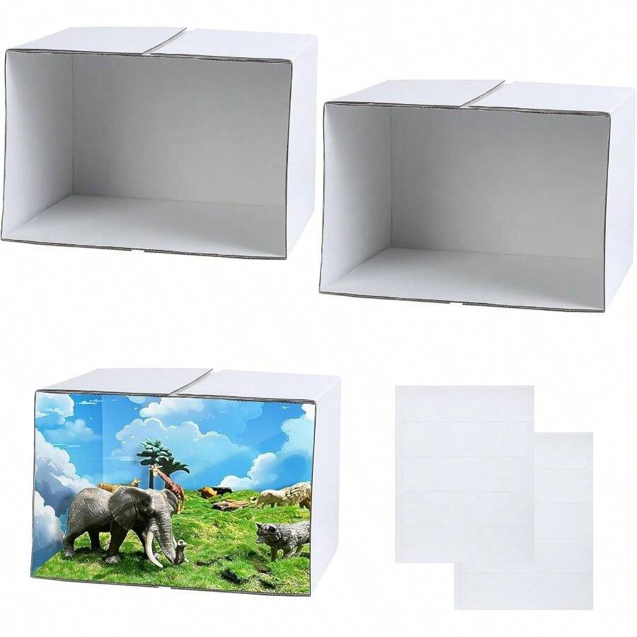 2PCS Foldable White Diorama Box Kit - 11.8x8.7x8.3 Inch Cardboard Display Box With Double-Sided Tapes Transparent Plastic Cover Crafts, Miniatures, Figurines School Projects - Default - View 1