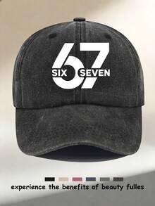 复古“67 SIX SEVEN”标志印花水洗棒球帽 - 男女通用可调节弯檐老爹帽，适合日常佩戴、户外运动、都市街头风、休闲外出、海滩度假等场合。 - A - 查看 1