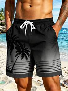 Summer Trees | Men's Aloha Hawaiian Palm Tree Gradient Swim Trunks, Elastic Drawstring Waist, Slant Open Pockets, Single-Layer Unlined Beach Shorts - Black - View 2