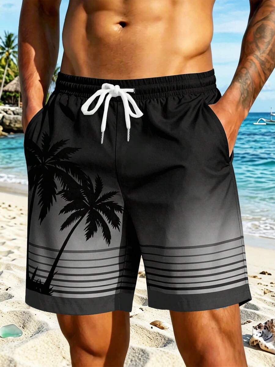 Summer Trees | Men's Aloha Hawaiian Palm Tree Gradient Swim Trunks, Elastic Drawstring Waist, Slant Open Pockets, Single-Layer Unlined Beach Shorts