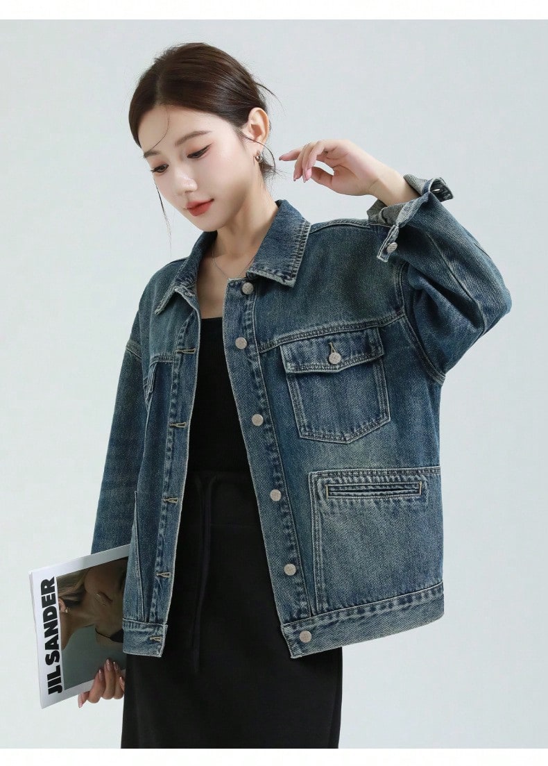 Women's Oversized Denim Jacket Boyfriend Style Loose Fit Drop Shoulder Casual Retro Autumn Coat - Vintage Blue - View 1