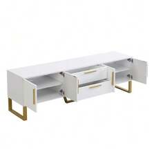 High-Gloss TV Unit: Gold Base, Handles And Legs, Engraved Textured Door, Living Room Storage Solution, Perfect Combination Of Elegance, Luxury And Functionality. - 白色 - 查看 7