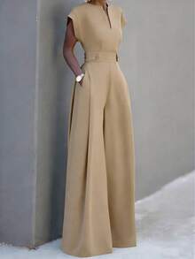 Women's New Solid Color Cutout Pocket Wide Leg Jumpsuit, Suitable For Daily, Office, Vacation In Spring & Summer - Recommend Sizing Up One Size For Slim Fit - Khaki - View 7