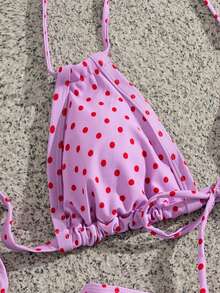 Conjunto de bikini de 2 piezas para mujer 2026, rosa y morado con lunares oscuros, top de copa triangular con lazo, braguita triangular, atuendo sexy para vacaciones en la playa - Lila Púrpura - Ver 5