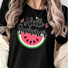 Women's Cotton Short Sleeve T-Shirt, Female Portrait Line Art Print, Casual Elegant Fashion Summer - 黑色 - 查看 1