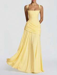 Yellow Elegant Strapless Summer Fitted Dress, Casual Backless Sleeveless Pleated Party Club Dress For Women Wedding Spring - Yellow - View 4