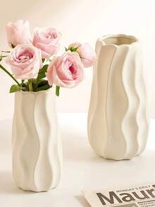 1pc Bohemian Style Beige And White Striped Ceramic Vase With Fresh Flowers - Modern Small Flower Vase Suitable For Pampas Grass, Home Decor For Living Room, Coffee Table Or Bookshelf, Gift, Living Room Decor | Bohemian Style Vase | Ribbed Texture Vase, Vase Decor - Multicolor - View 4