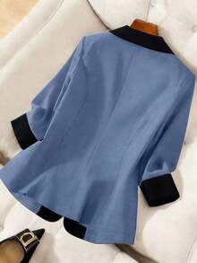 Blazer ligero de verano con cuello de contraste, uso casual/laboral, de 3/4 de manga para mujer - Azul 2 - Ver 2
