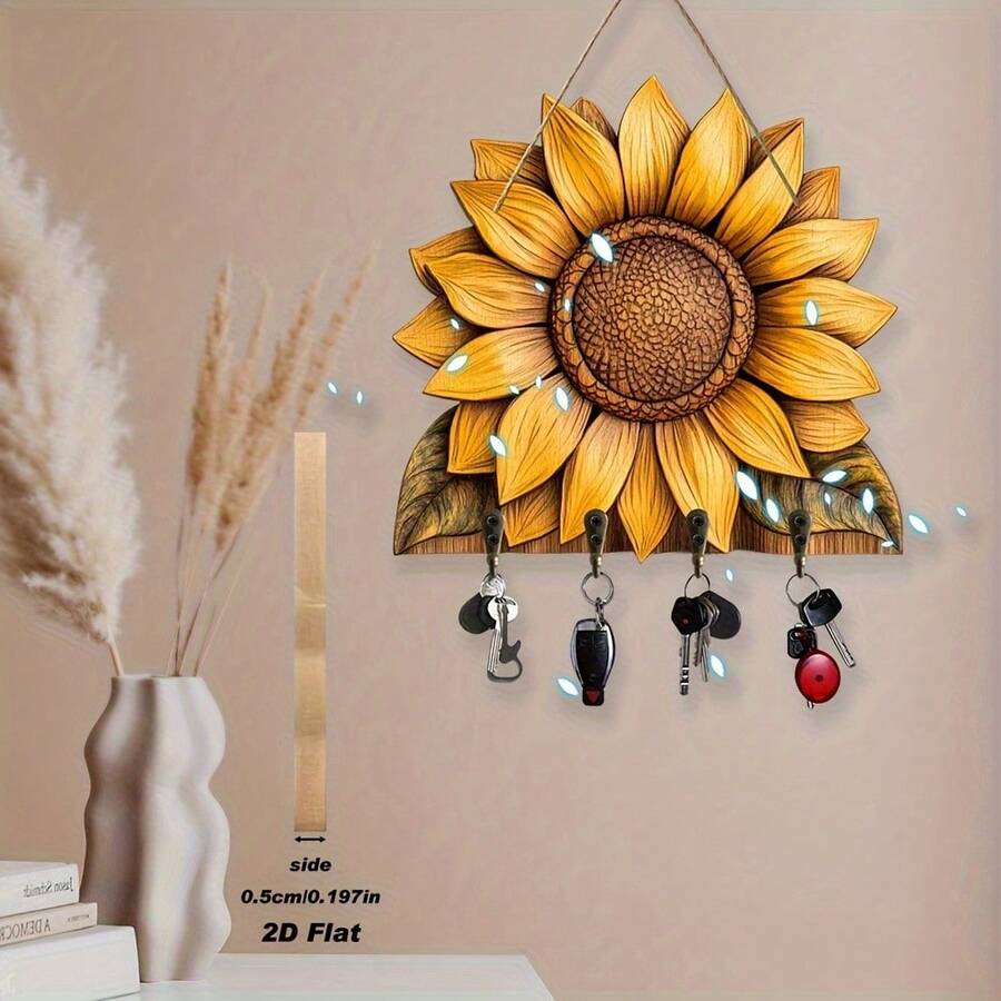 Decoración de pared con soporte de llaves de girasol plano 2D, placa colgante de pared con estampado floral natural - Multicolor - Ver 1