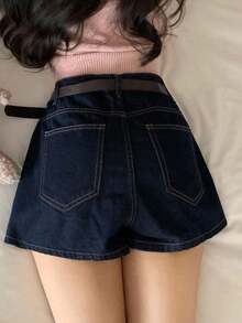 Shorts vaqueros casuales de verano tipo A-line para mujer, shorts vaqueros sexy y elegantes - Azul marino - Ver 5