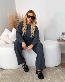 Women's Winter Mousse Knit Set - Wide-Leg Pants And Braided Blouse - 石墨 - 查看 2