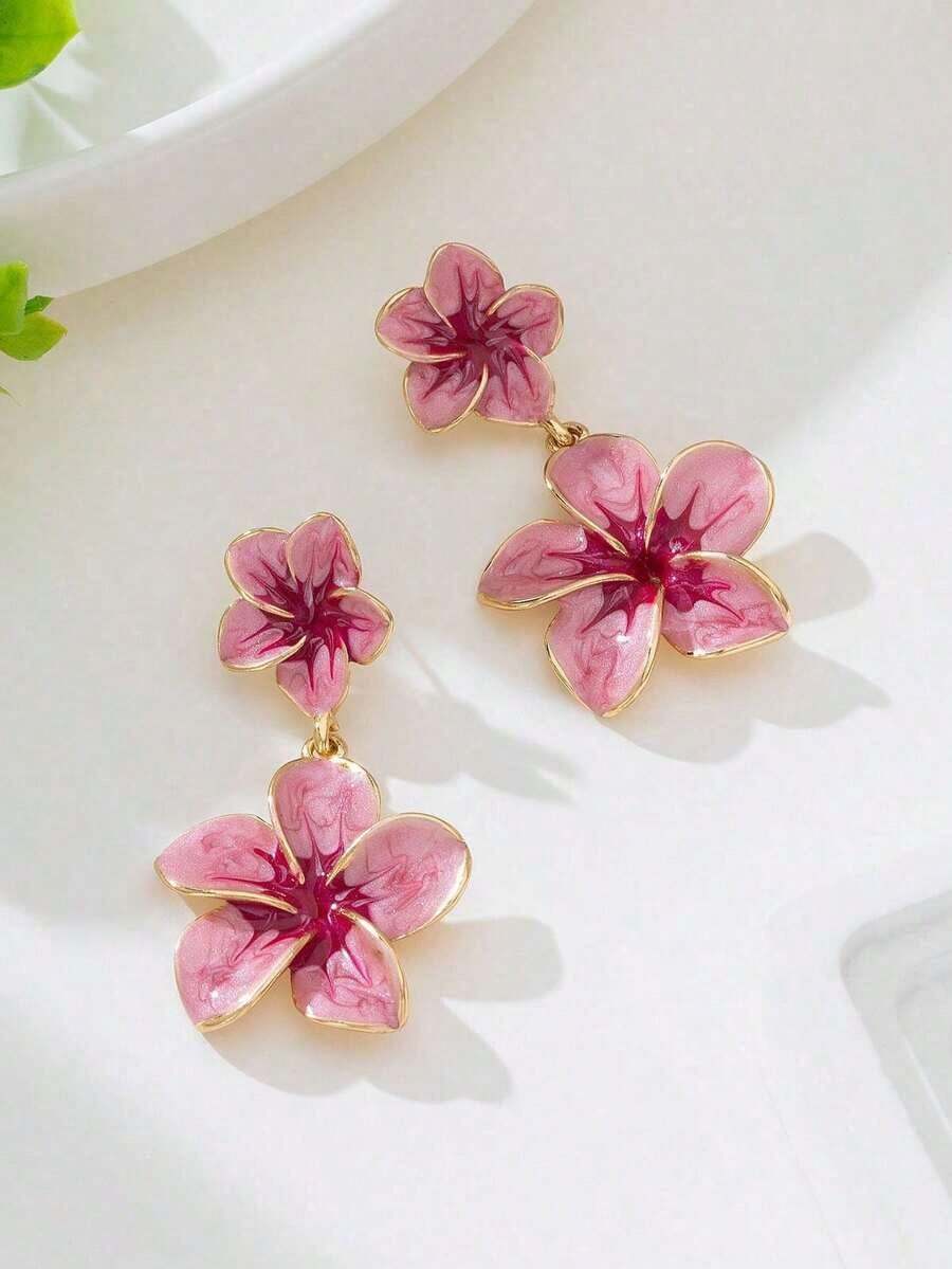 1 Pair Summer New Elegant Handmade Luxury Gradient Green Eggplant Flower Pendant Earrings, Suitable For Beach Holiday - Pink - 查看 1