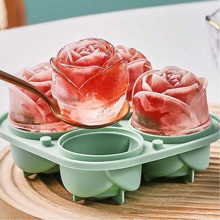 4格玫瑰造型矽膠托盤附蓋，3D玫瑰冰模與冰球製作模具，易脫模矽膠材質，適用冰箱製冰，可用於威士忌、調酒與浪漫場合，居家美學裝飾