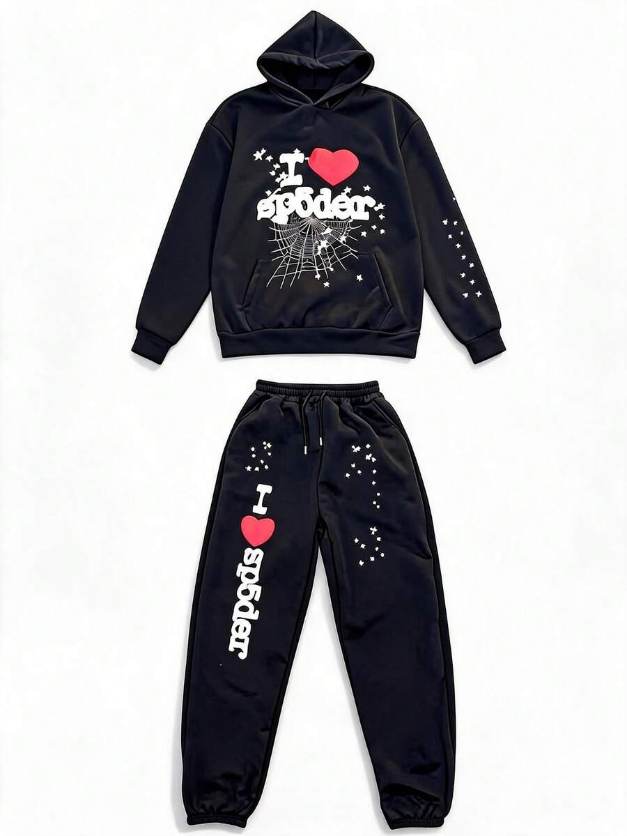 Men's Women's Letter Heart Graphic Hoodie And Jogger Pants Set Casual Loose Fit 2 Piece Tracksuit Spider Web Print Pullover Hooded Sweatshirt Elastic Waist Drawstring Sweatpants Streetwear Sporty Loungewear Outfit - màu đen - Xem 1