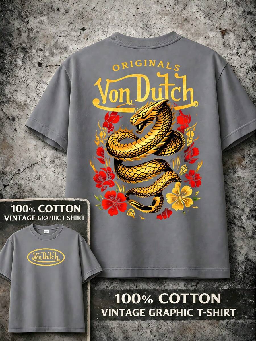 Graphic T-Shirt Vons Dutch Logo Snake Print Design Everyday Casual Streetwear Machine Washable Regular Fit All Season Top Weekend Outfit Playful Fashion Durable Shirt Short Sleeve Shirt - Xám - Xem 1