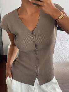Top de punto para mujer, color taupe, cuello en V, manga corta, ajustado y elástico, ideal para verano - Negro - Ver 11