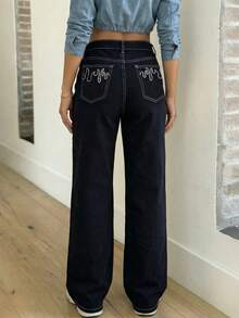 Celana Jeans Wanita Kasual Model Lurus dengan Motif Cuci - Hitam - View 3