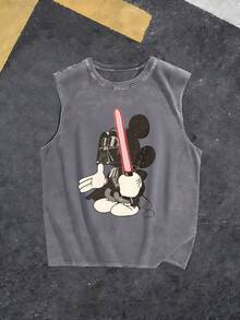 Disney 230g High-Quality Washed Cotton Crew Neck Tank Top, Retro Mickey Print, Loose Fit, Cool & Stylish Streetwear. - 灰色 - 查看 2