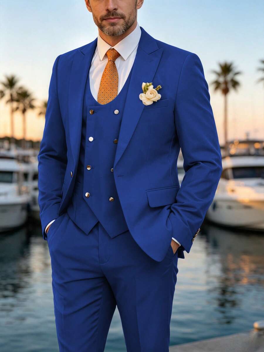 Men's Suits Solid Slim Fit Party Men 3 Pieces Suit Set For Men Peak Lapel Blazer Double Breasted Vest Pants Set Prom Wedding Business Party Royal Blue Size XS-3XL Fall Winter Christmas Gift Clothes - 寶藍色 - 查看 1