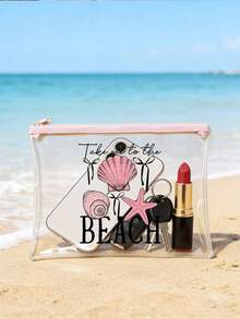 「Take Me To The Beach」印花 PVC 防水海灘包，附貝殼與海星裝飾，PVC 化妝包，PVC 拉鍊收納旅行袋，輕量耐褪色化妝盥洗包，適合女性與男性，TSA 認證便攜化妝收納盒，易清潔設計，適合母親、老師、朋友、護理師，學校假期返校用品盥洗包 - 彩色 - 查看 6