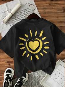 [Double-Sided Printing] Spring And Summer Fashion Women's Top, Hand-Painted Style, Sun Heart Art Print, Round Neck, Short Sleeve, Pure Cotton Women's T-Shirt[Chu K]-T Shirt Damen - Black - View 4