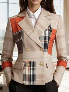 HOMEYEE Long Sleeve Plaid Print Blazer, Retro Elegant Casual Vacation Formal Daily Business Commute Workwear - Màu be - Xem 8