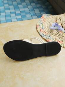 Women's Flat Sandals, Summer Slip-On Sandals In Beige And Black, Minimalist Resort Style, Adjustable Strap Flat Flip Flops, Solid Color Open Toe Non-Slip Slippers For Indoor And Outdoor Wear - White - View 10