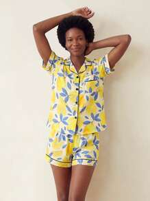 Marira 2pcs Women Fruit Lemon Print Pajama Set, Collared Short Sleeve Top And Loose Shorts, Vacation Style, Holiday Party Sleepwear, Casual Women Pajamas And Loungewear - Yellow - View 7